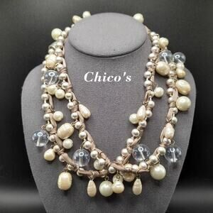 Chico's Glass Pearl Long Necklace,  Clear Globe Beads, 41 Inches, Beige Ribbon